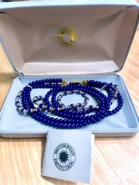 Vintage Murano Deep Blue Beaded 3 Strand Necklace with Gold-Accent Spacers